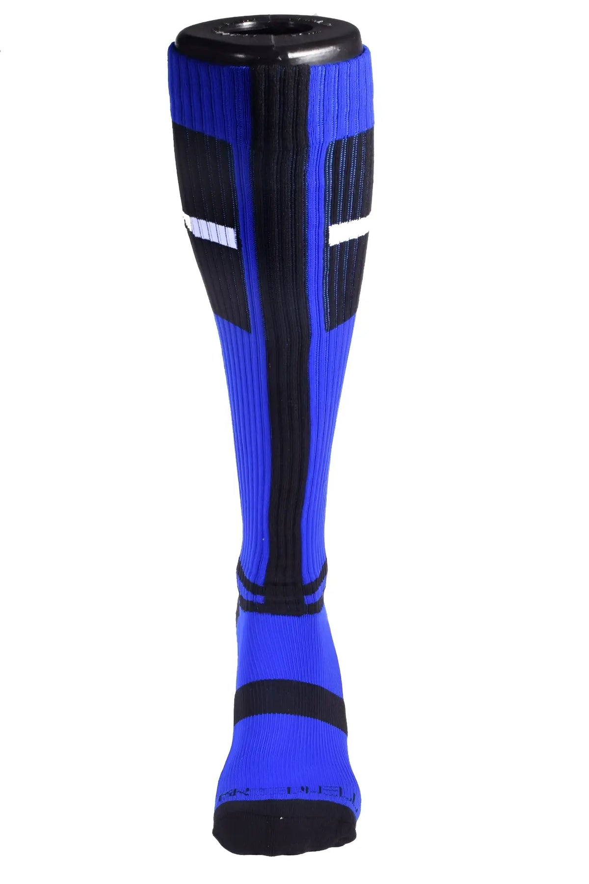 Vibrant royal blue and black infinity socks knee-high athletic socks with white accent stripes for sports use