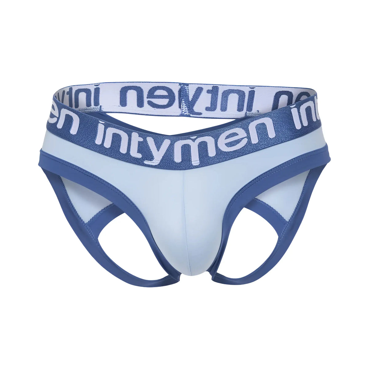 Blue and white intymen ine037 jockstrap briefs with stretchy waistband featuring bold brand name lettering