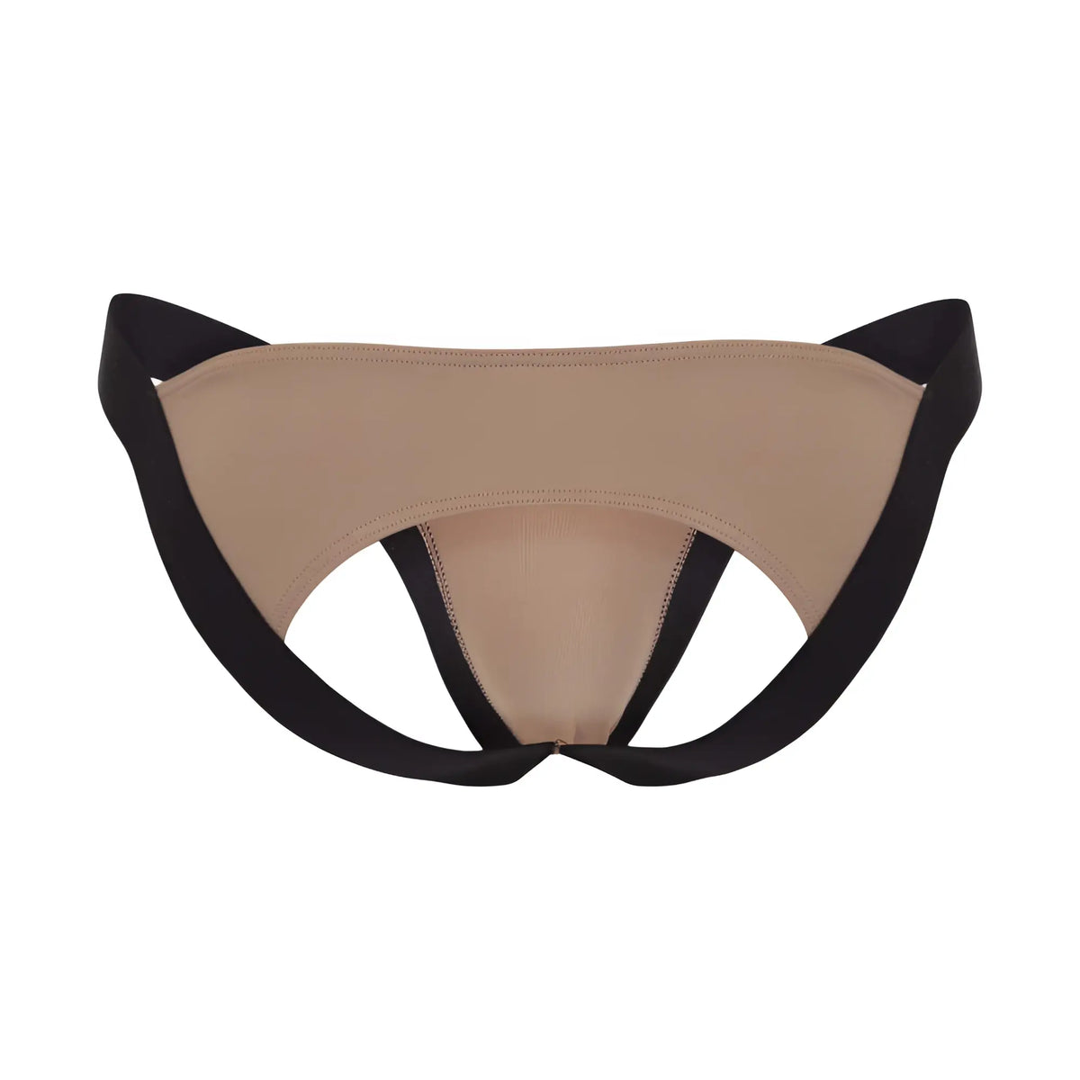 Beige and black lace-trimmed Intymen INE038 jockstrap with supportive contoured design shown from the back side