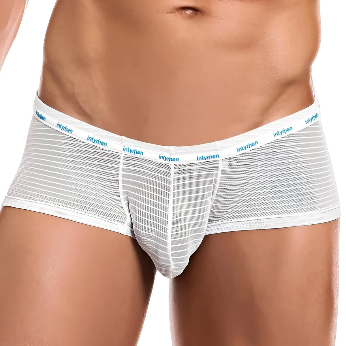 White mesh briefs with thin gray vertical stripes and a white waistband with teal intymen branding ing065 boxer trunk