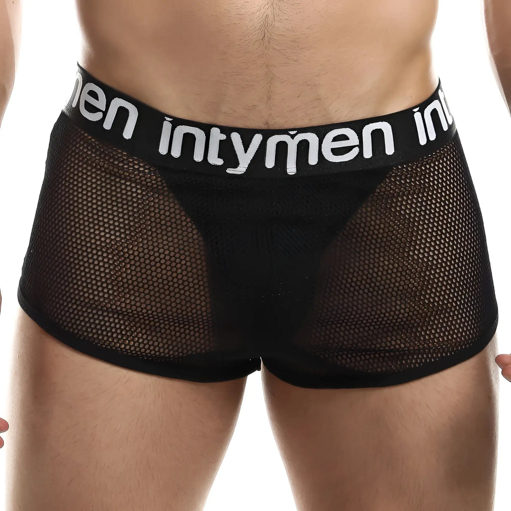 Black mesh menâ€™s jockstrap with solid black waistband featuring intymen branding ING066 model