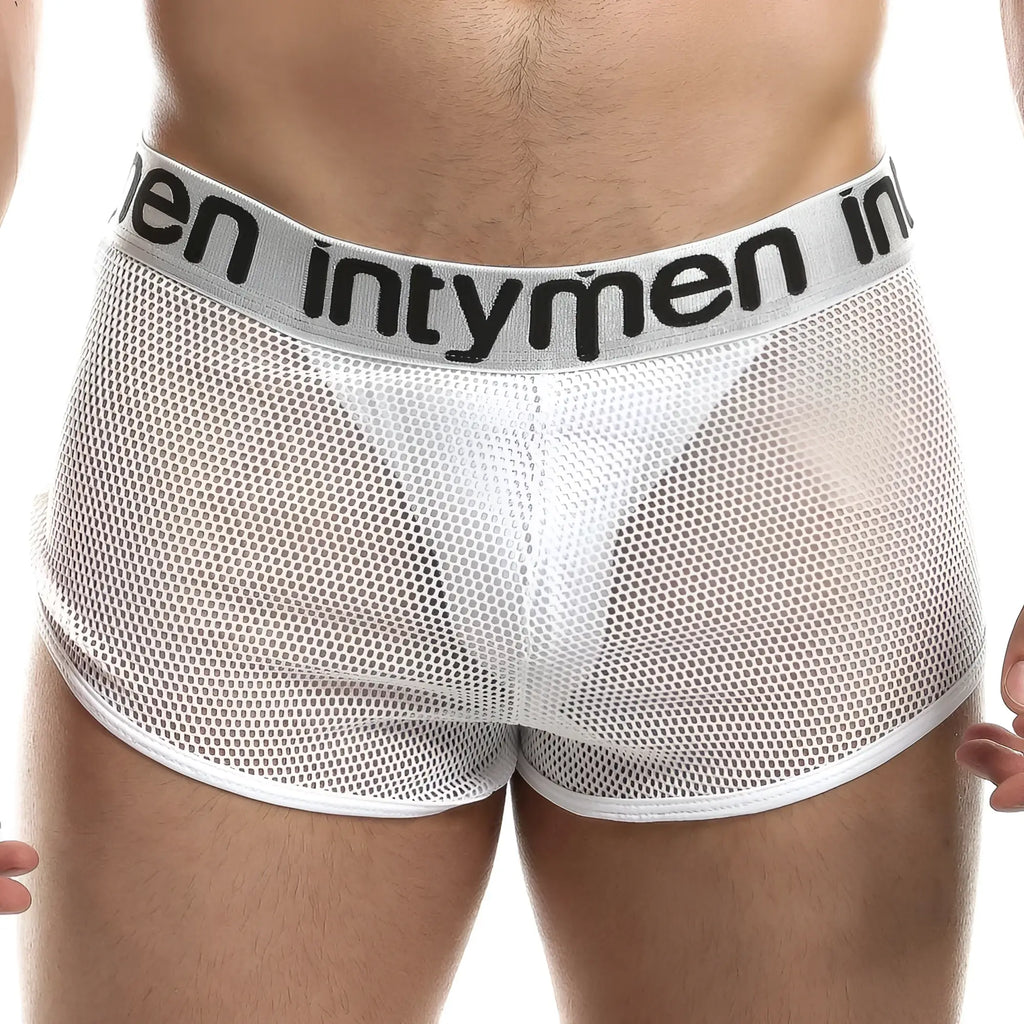 White mesh menâ€™s intymen ing066 jockstrap with gray elastic waistband and black branding front view