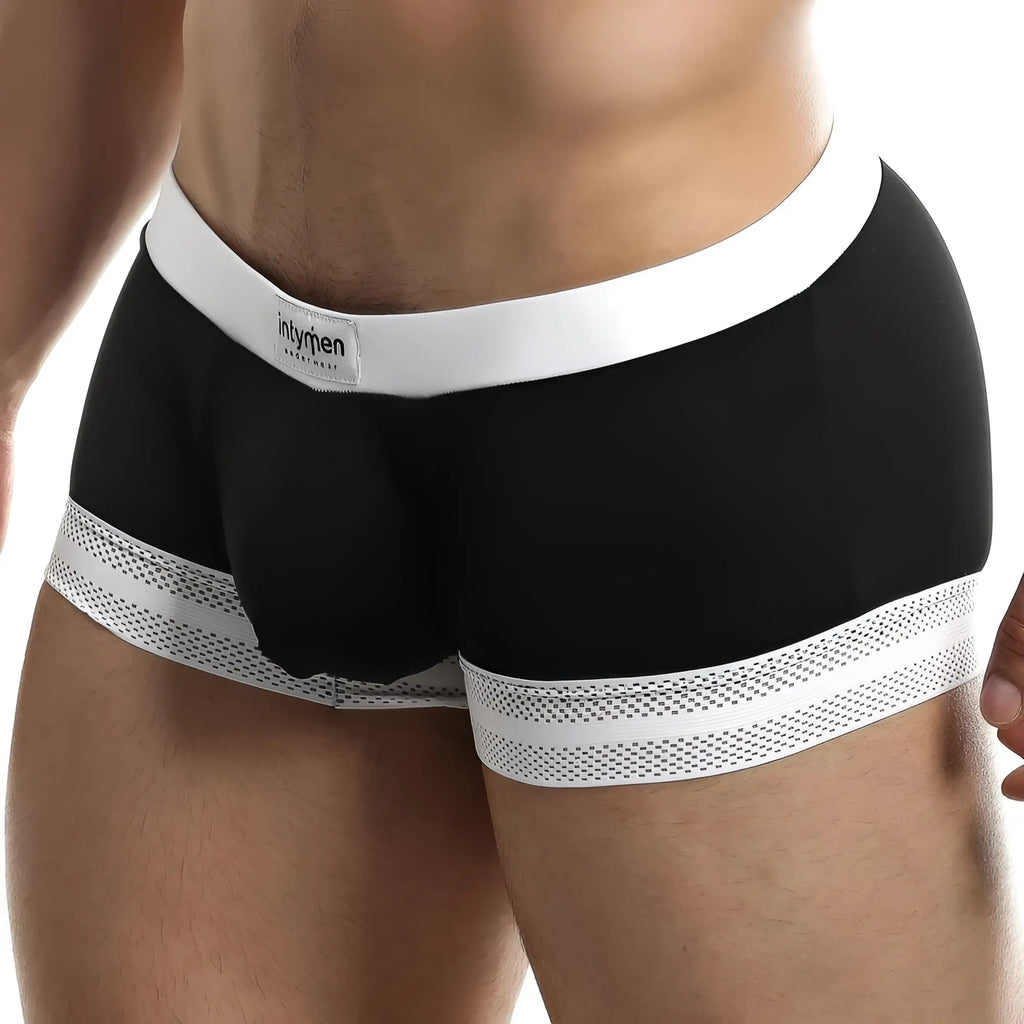 Black Intymen ING068 boxer trunk with white elastic waistband and perforated trim featuring brand label