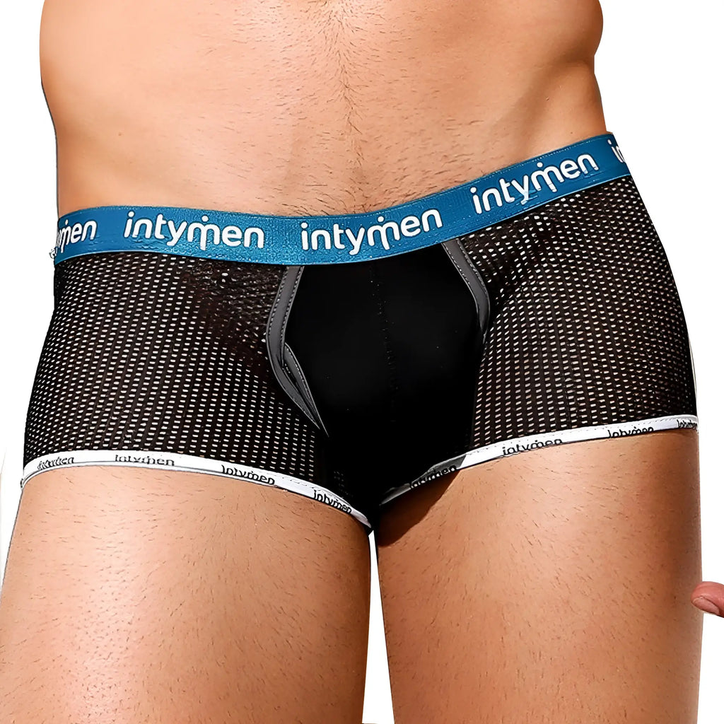 Black mesh intymen ing073 boxer trunk briefs with blue waistband white trim and brand name on both bands