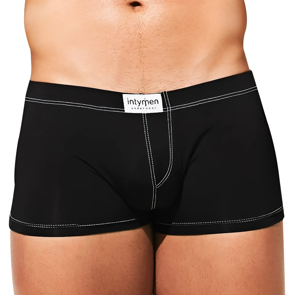 Black briefs with white stitching and intymen underwear label on waistband from intymen ING075 boxer trunk collection