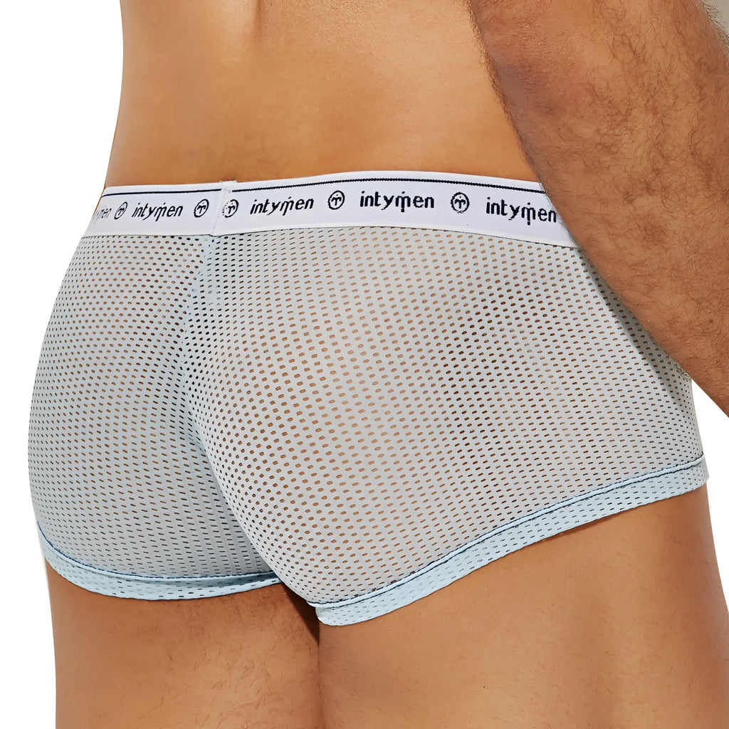 Light blue mesh Intymen ING083 boxer trunk with white elastic waistband featuring Intyrien brand name and logo
