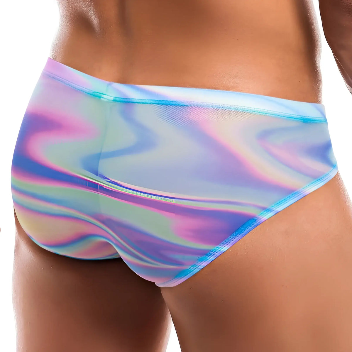 Intymen INI024 bikini brief iridescent holographic swim trunks with flowing pink blue and purple multicolored pattern