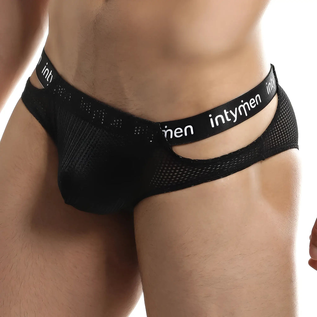 Black mesh intymen ini026 bikini briefs with a branded waistband featuring the intymen logo for men