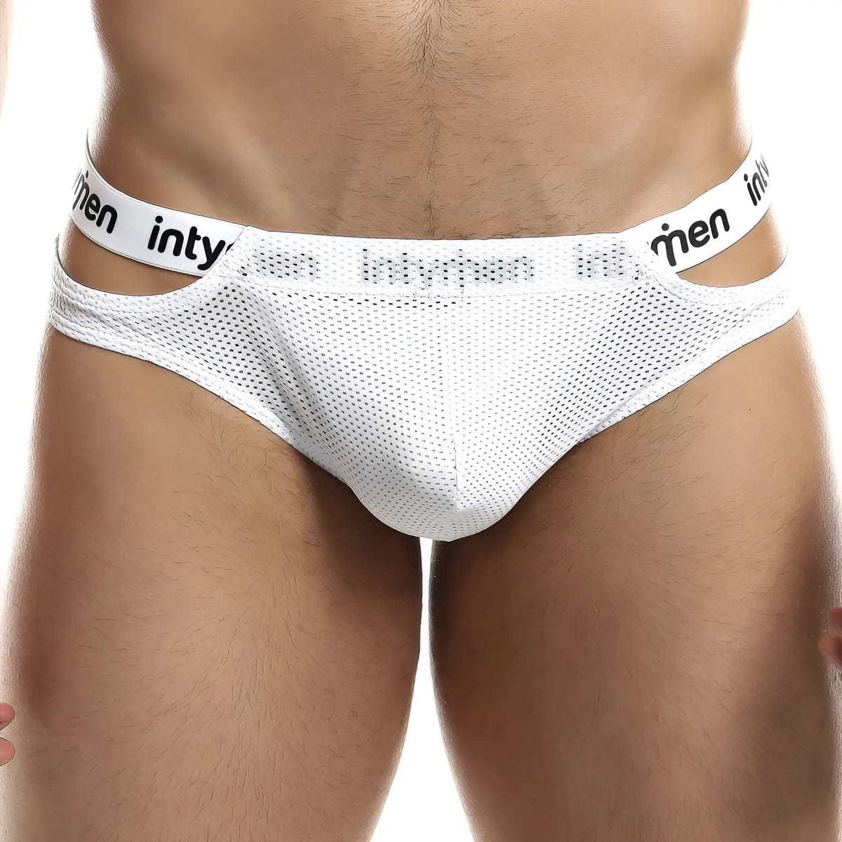 White mesh menâ€™s bikini briefs with black intymen logo band made from breathable fabric for everyday comfort