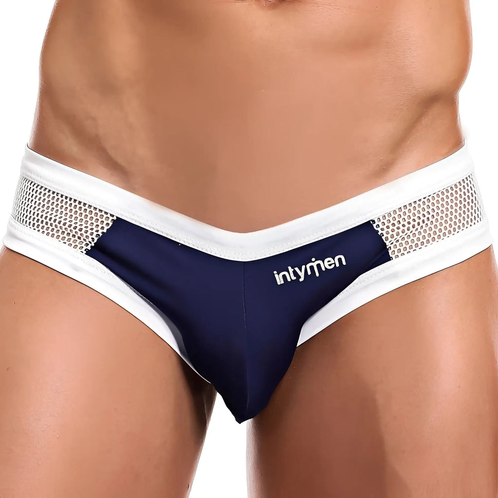 Navy blue and white mesh-trimmed menâ€™s briefs by Intymen INJ055 featuring breathable fabric and branded waistband