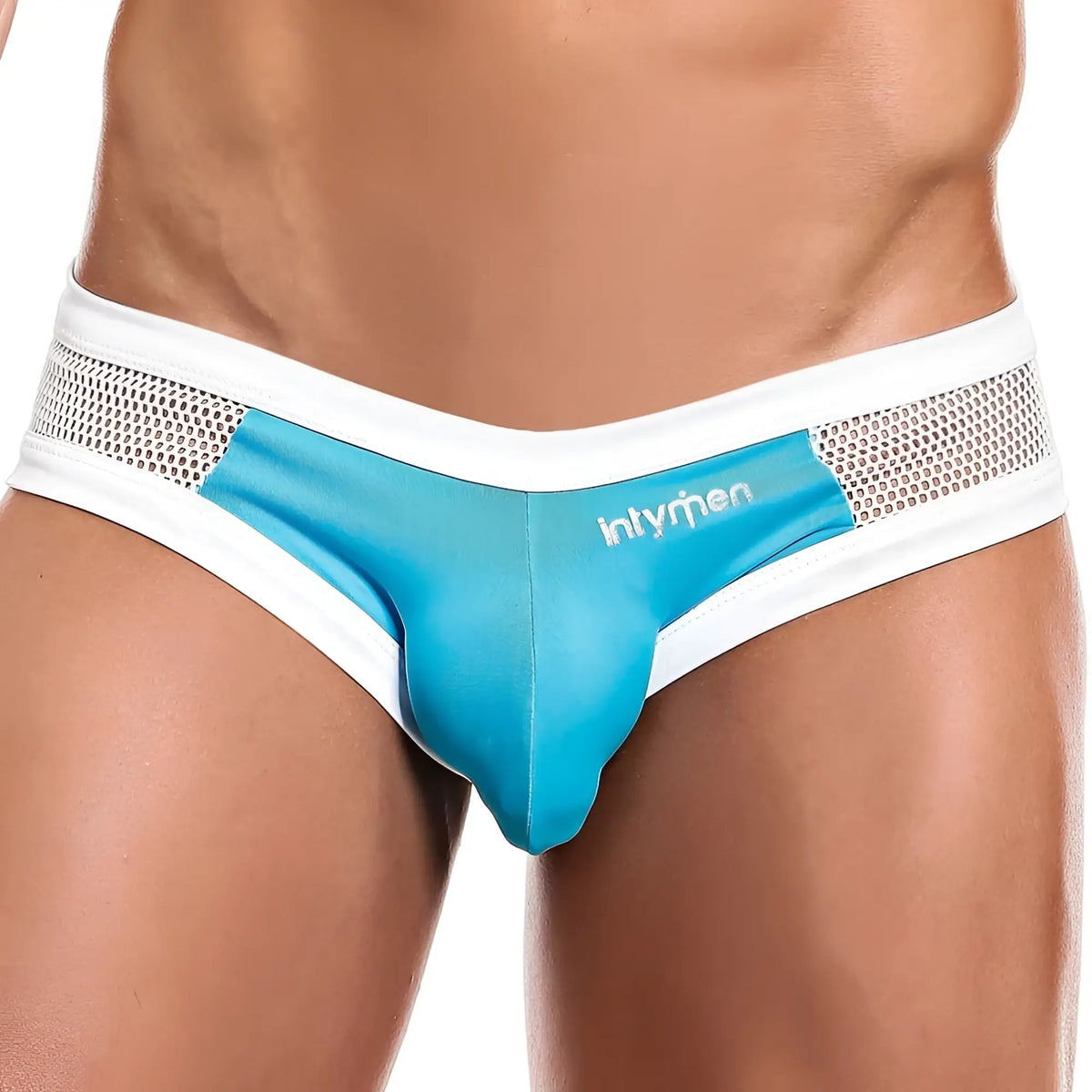 Intymen INJ055 brief menâ€™s turquoise and white mesh trimmed sleek form-fitting underwear