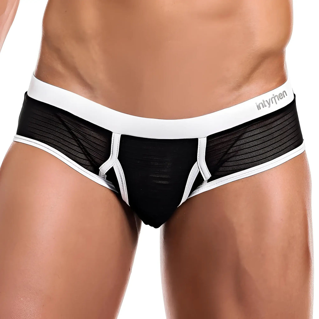 Black and white mesh briefs with solid black center panel and intymen branded waistband intymen inj056 brief