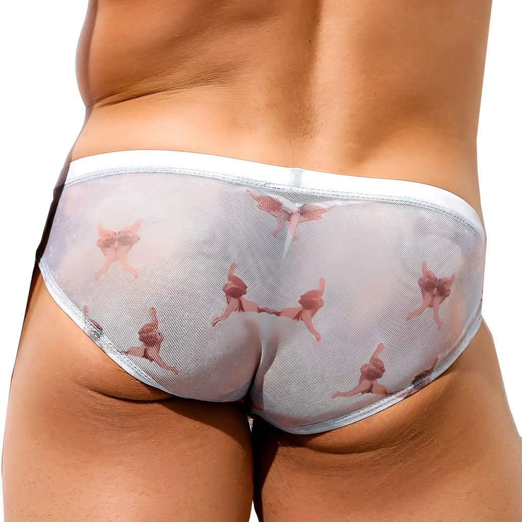 Intymen INJ073 brief transparent mesh briefs with white waistband and pink angel illustrations front side