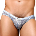 Gray patterned thong brief with white smiley face designs and intymen brand label in intymen inj075 brief