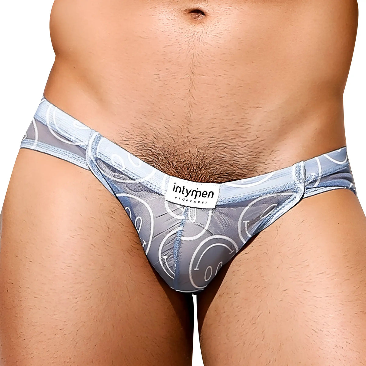 Gray patterned thong brief with white smiley face designs and intymen brand label in intymen inj075 brief