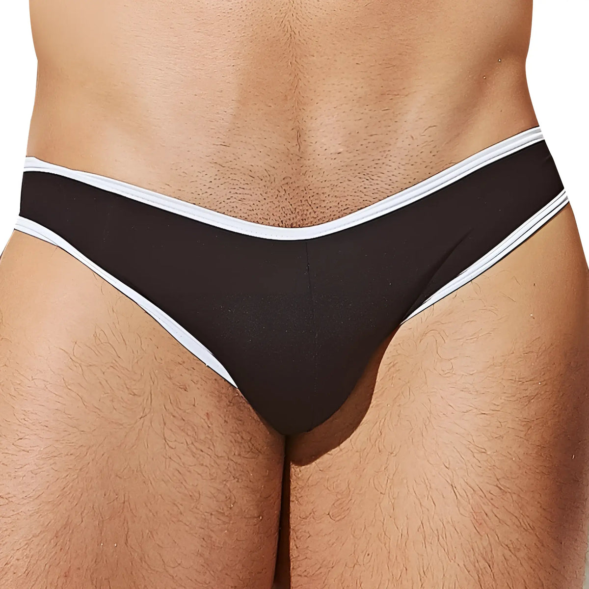 Black Intymen INJ082 bikini brief with white trim showing front side in soft breathable fabric