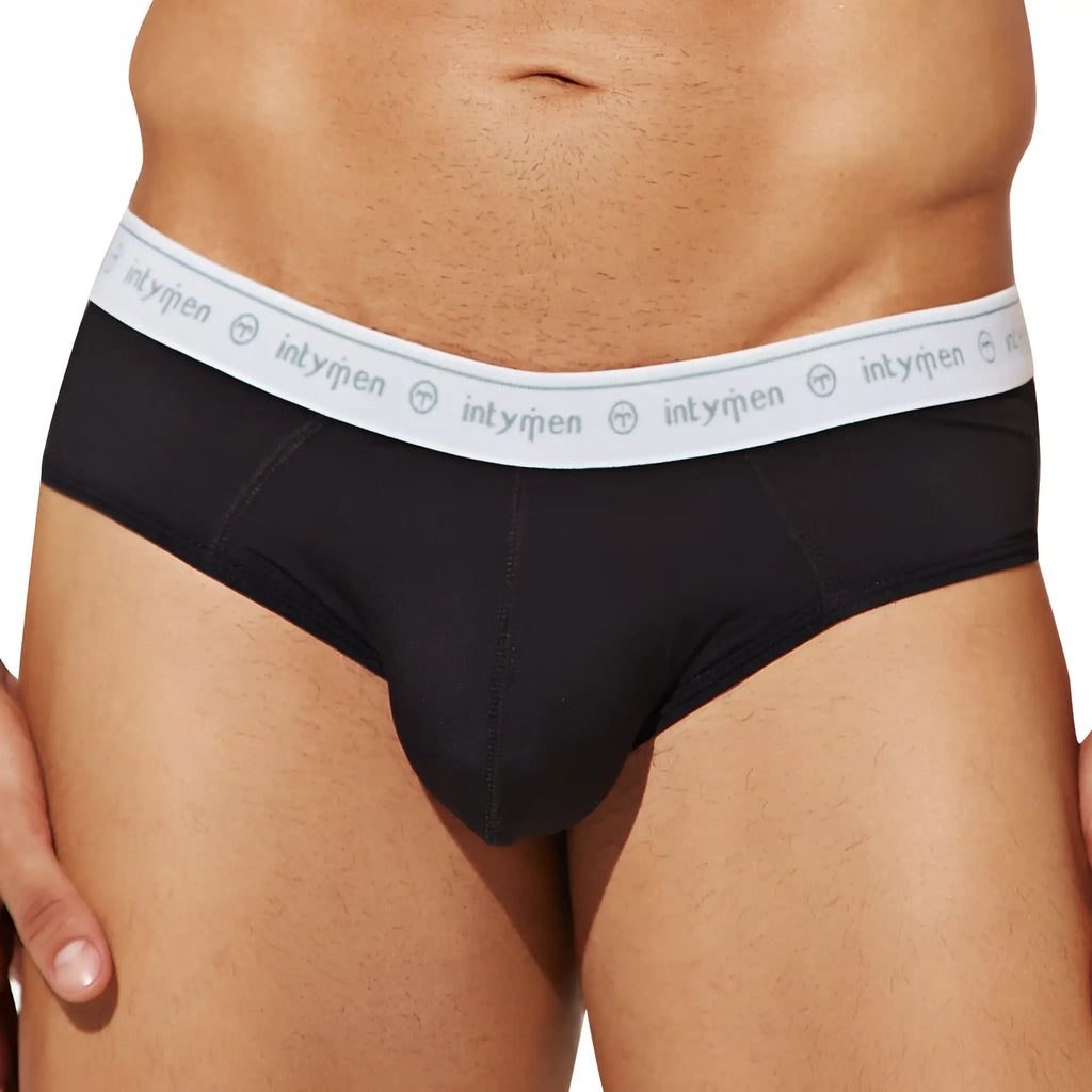 Black Intymen INJ088 brief with white elastic waistband featuring gray brand name and logo on front side