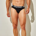 Black menâ€™s briefs Intymen INJ096 in soft cotton with a white Intymen logo on the waistband front side