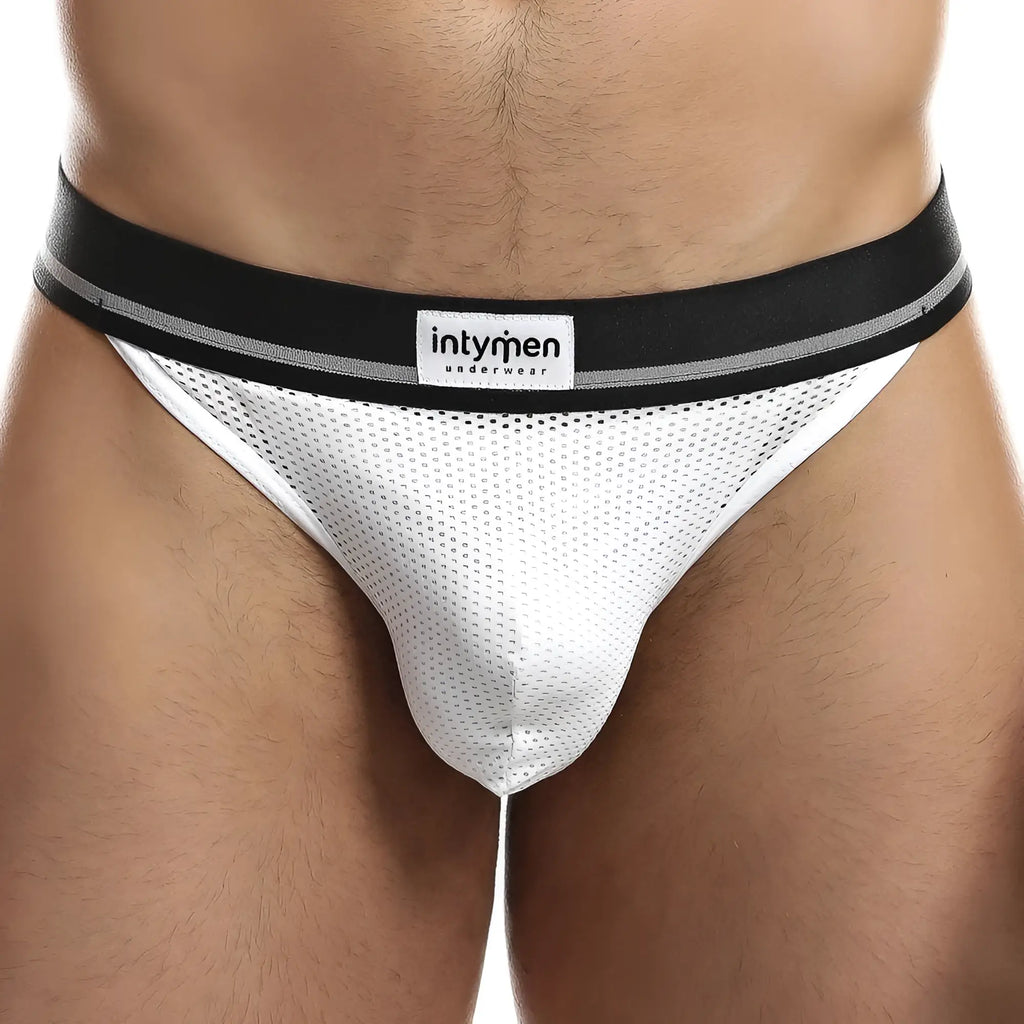 Intymen ink010 jockstrap white mesh briefs with black elastic waistband gray stripes and intymen underwear label