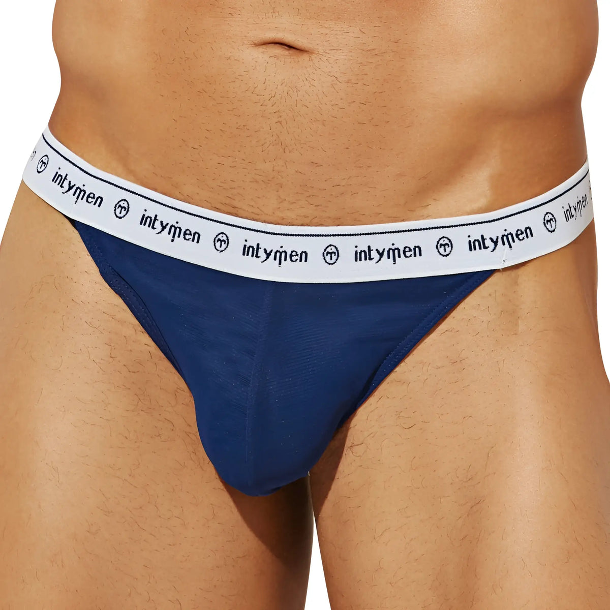 Navy blue Intymen INK016 thong briefs with white elastic waistband featuring repeating logo text and emblem