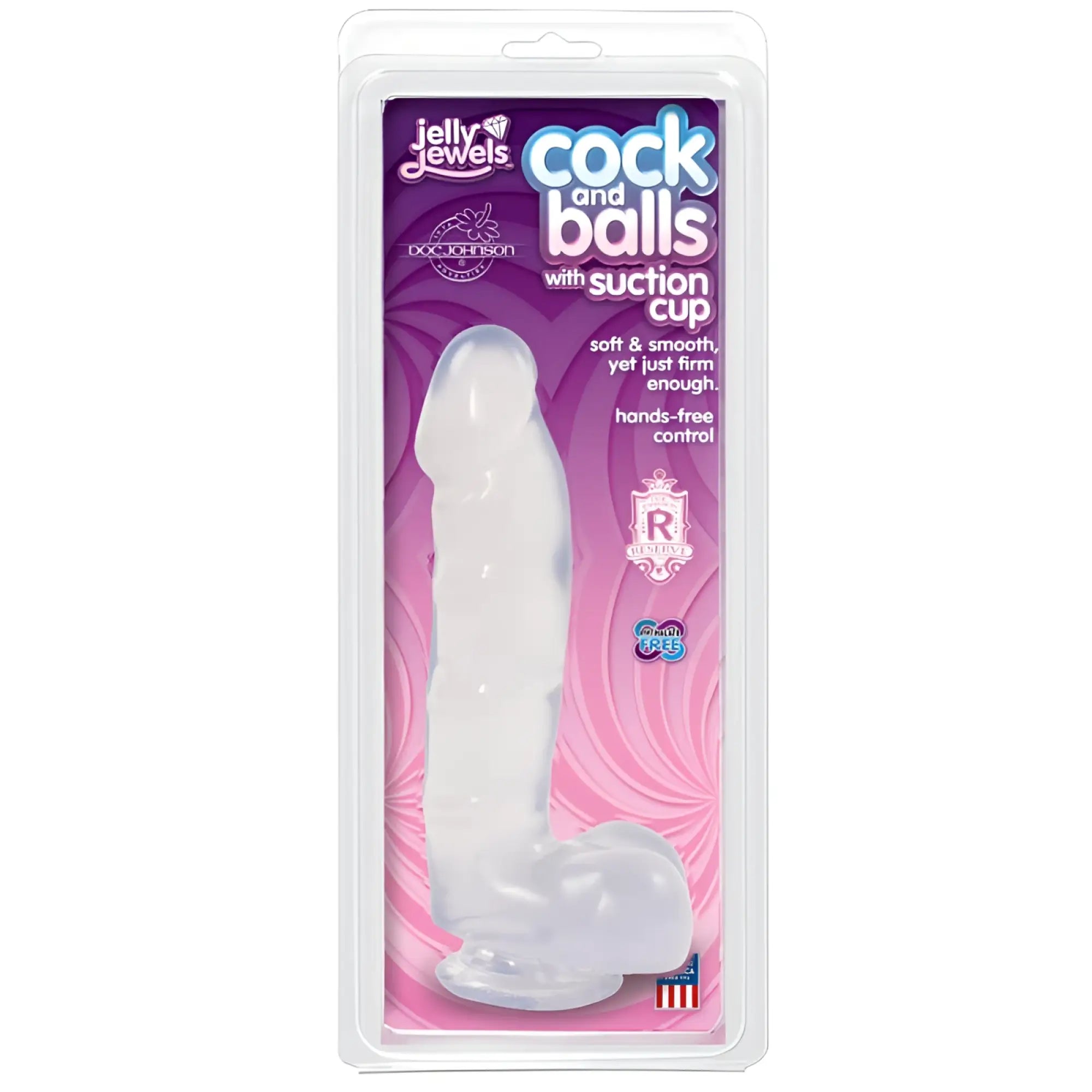 Transparent silicone cock and balls toy with suction cup in diamond clear by Jelly Jewels for secure hands-free use