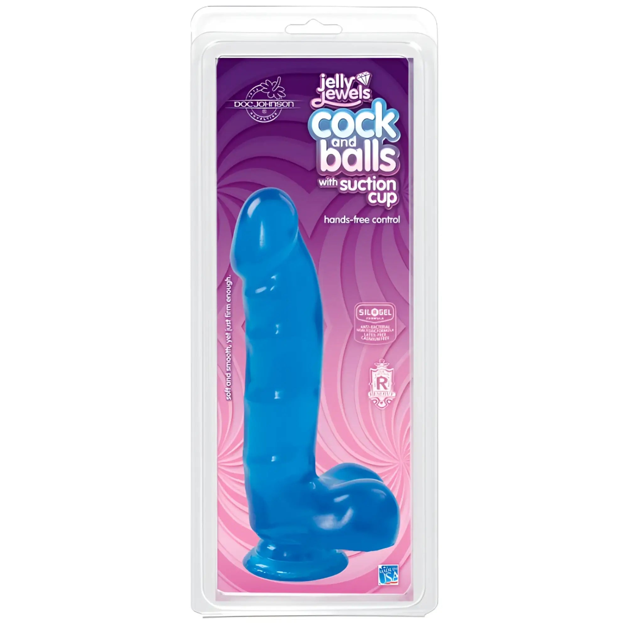 Blue silicone Jelly Jewels cock and balls toy with suction cup base in clear plastic packaging sapphire color