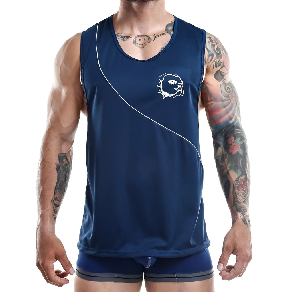 Navy blue Jocko JKM001 athletic tank top with white embroidered bulldog logo and diagonal white piping detail
