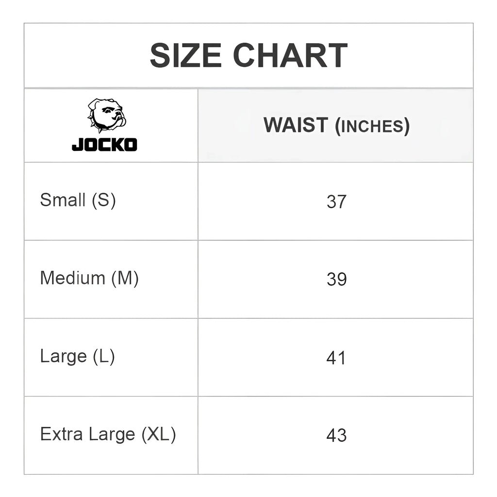 Jocko JKM002 tank tops size chart showing waist measurements for small medium large and extra large sizes