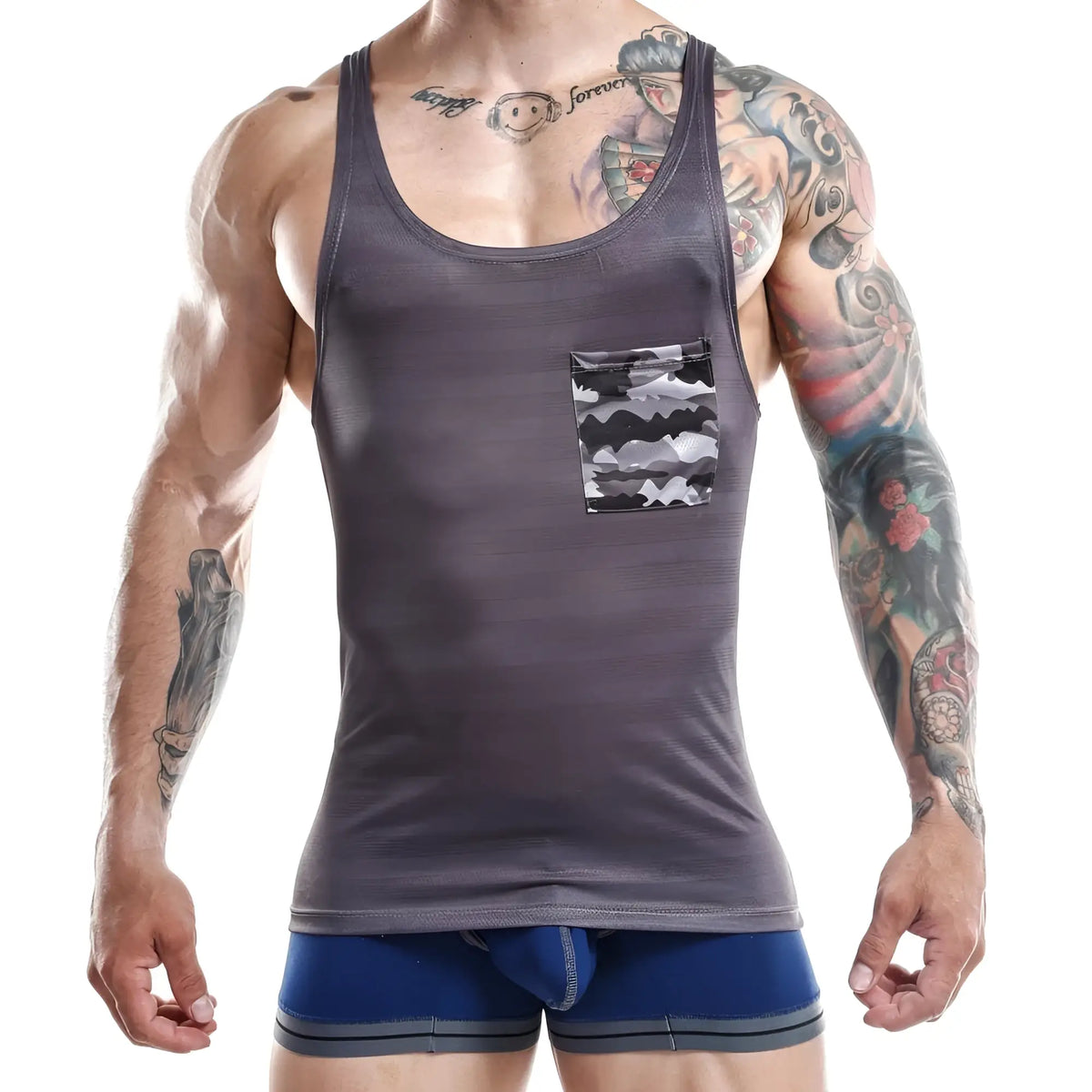 Dark gray jocko jkm002 tank top with camouflage patterned pocket designed for casual wear