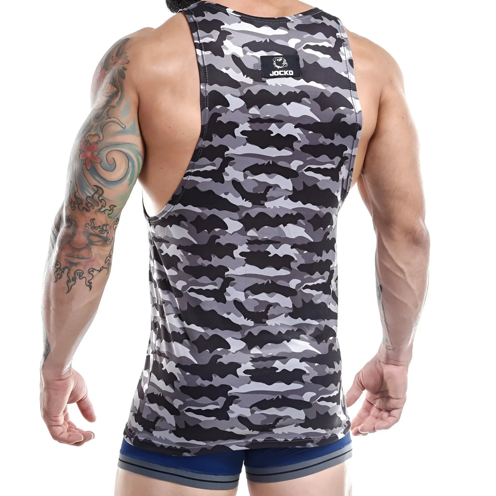 Jocko JKM004 tank top in black gray and white camouflage pattern designed for athletic wear