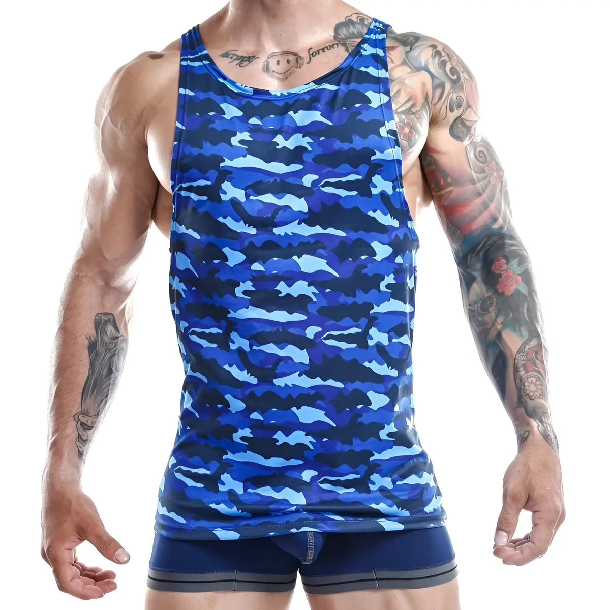 Jocko JKM004 tank top in blue camouflage pattern made of breathable fabric for athletic and casual wear