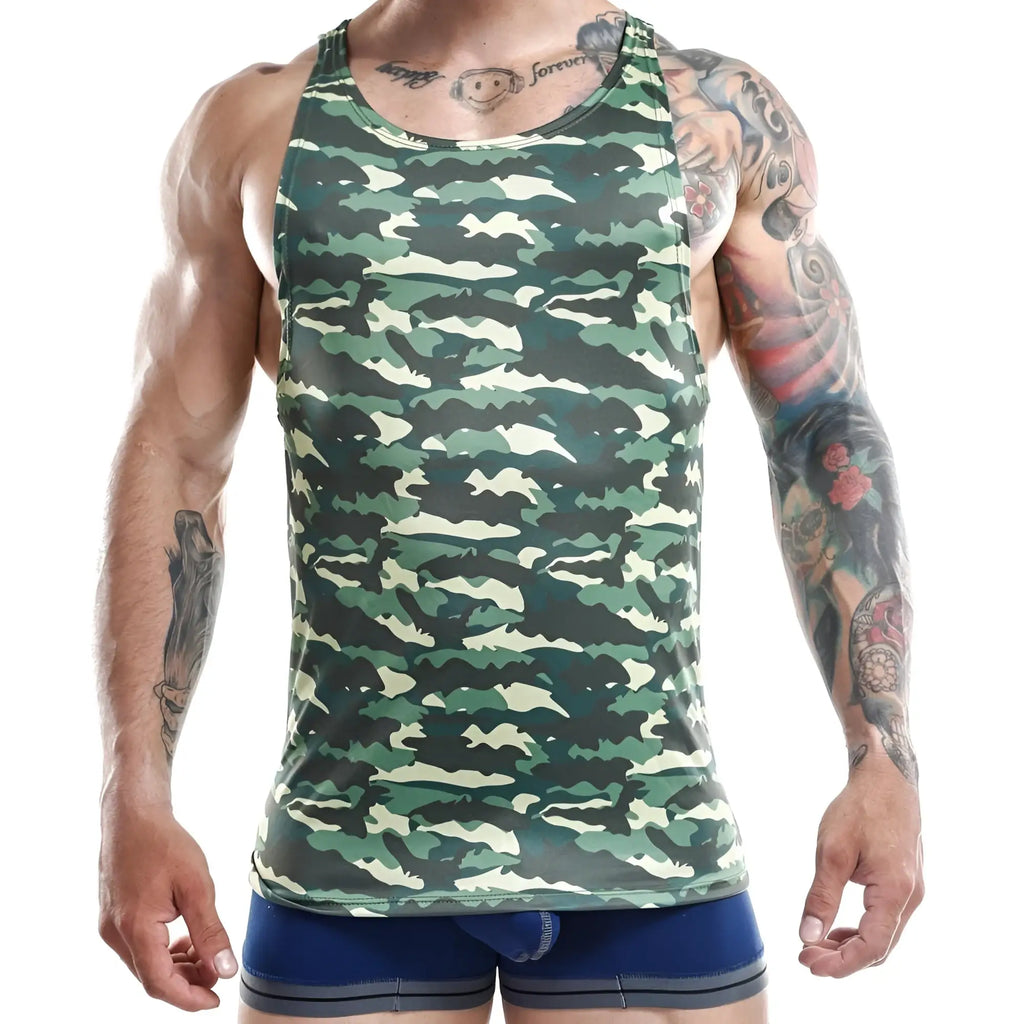 Jocko JKM004 tank top in green and beige camouflage pattern made from breathable athletic fabric