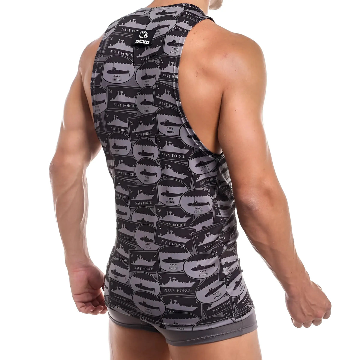 Black and gray navy force submarine-themed tank top with vintage-style seal pattern jocko jkm007 tank tops