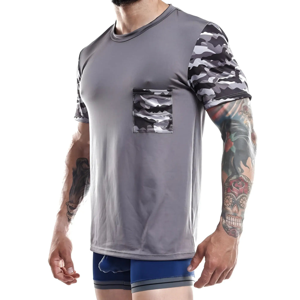 Gray jocko JKN001 athletic t-shirt with black and white camouflage sleeves and matching pocket for workout use