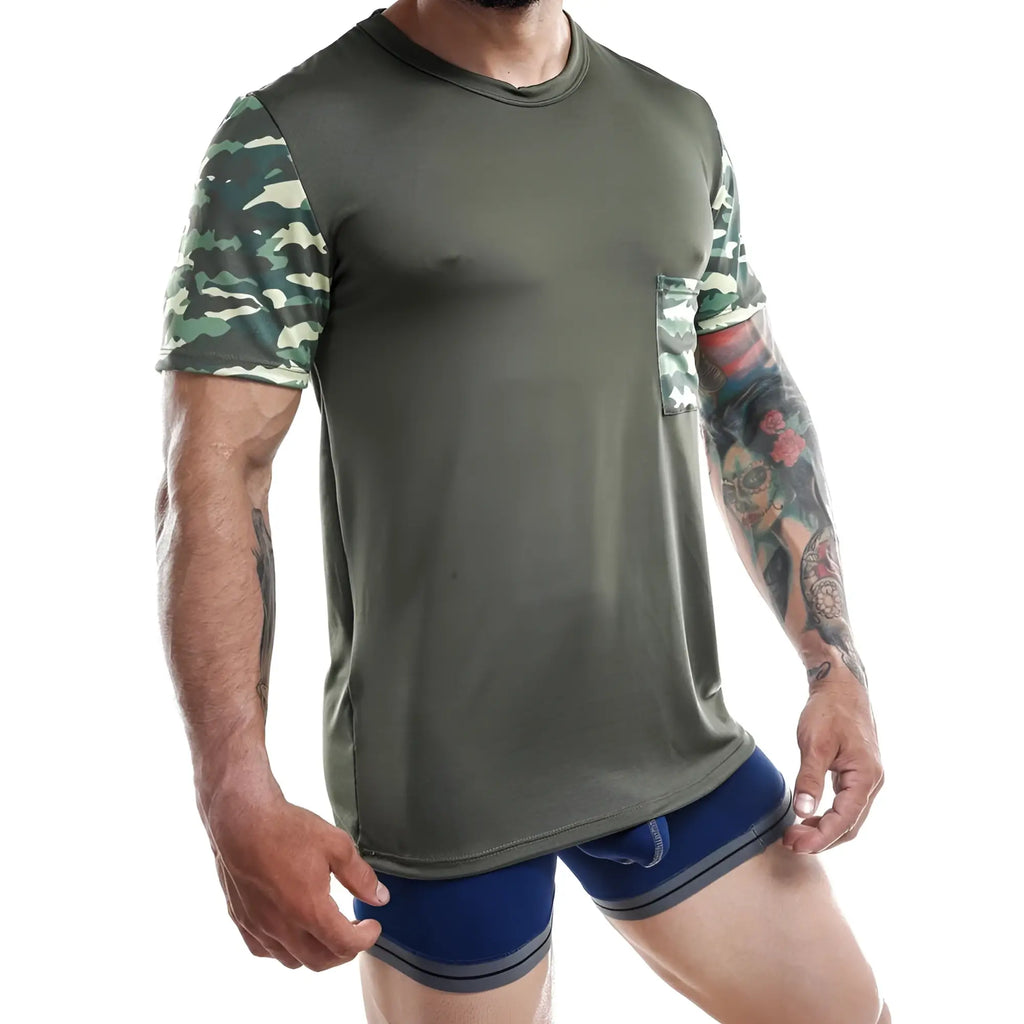 Jocko JKN001 olive green short-sleeved t-shirt with camouflage sleeves and matching pocket in soft cotton material