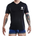 Black v-neck Jocko JKN002 t-shirt with white star and Jocko logo on left chest pocket in cotton fabric