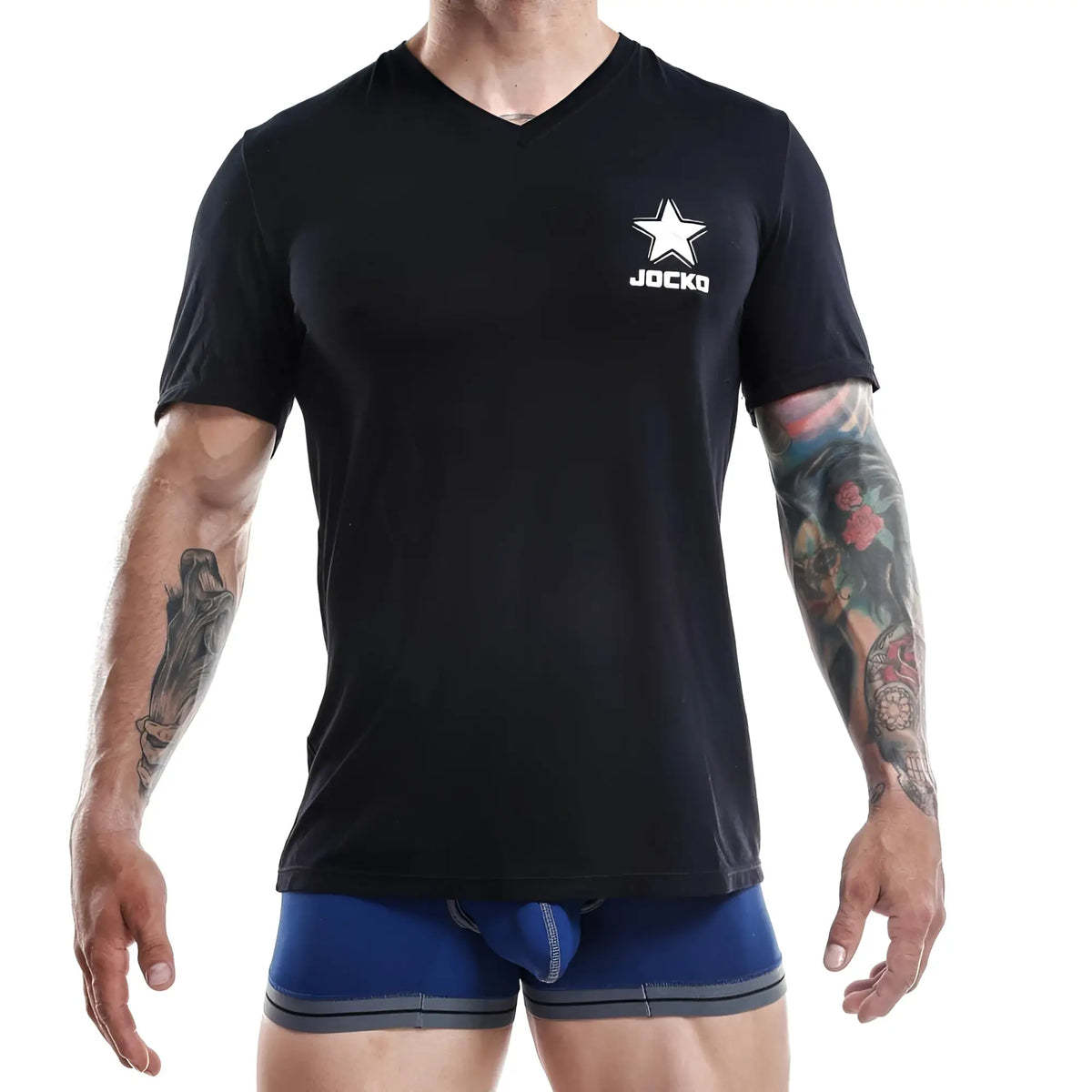 Black v-neck Jocko JKN002 t-shirt with white star and Jocko logo on left chest pocket in cotton fabric
