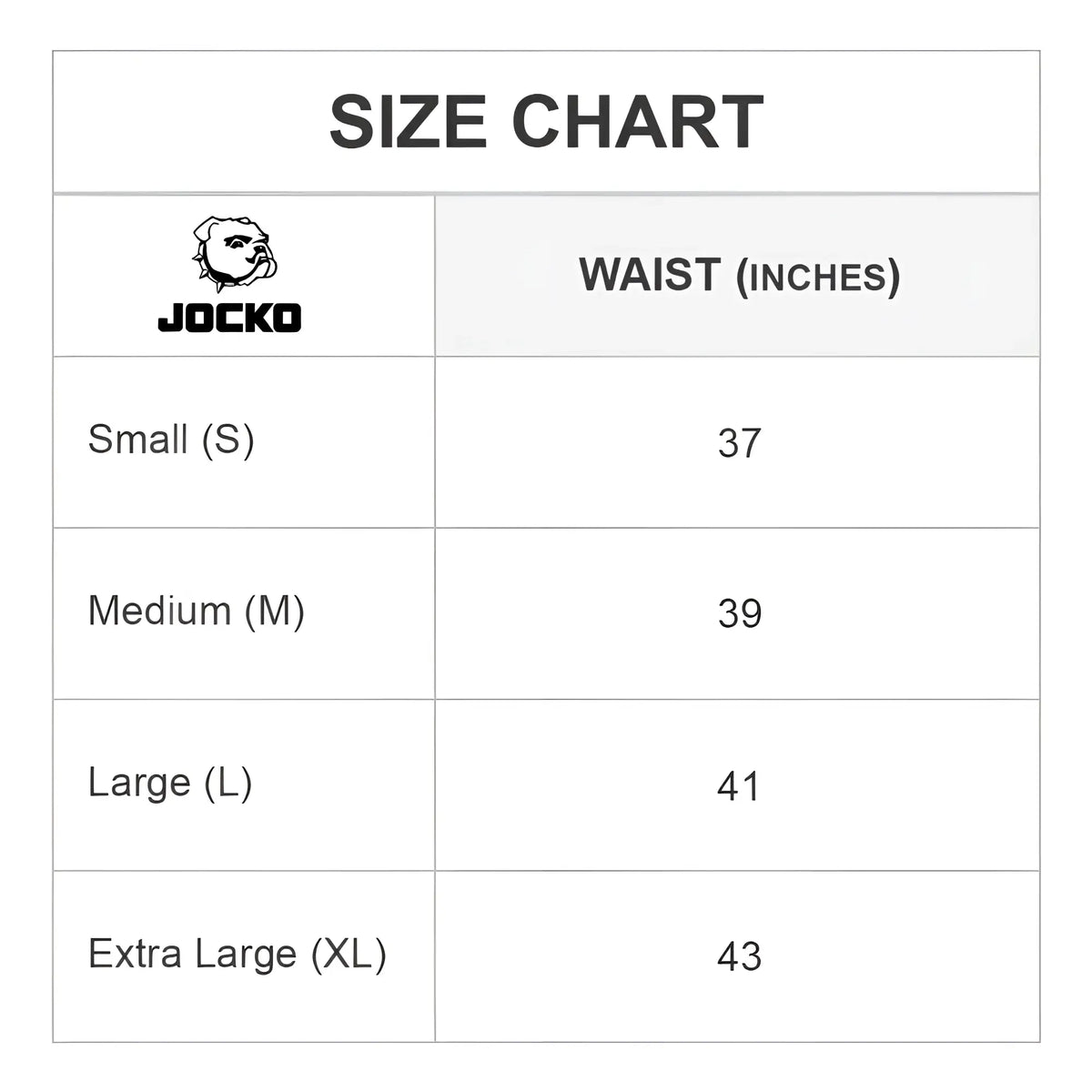 Jocko JKN002 t-shirt size chart showing waist measurements for small medium large and extra large sizes