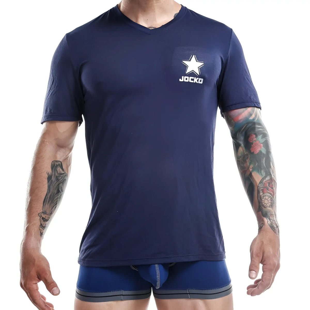 Navy blue v-neck t-shirt with white star and jocko logo on left chest pocket jocko jkn002 t-shirt
