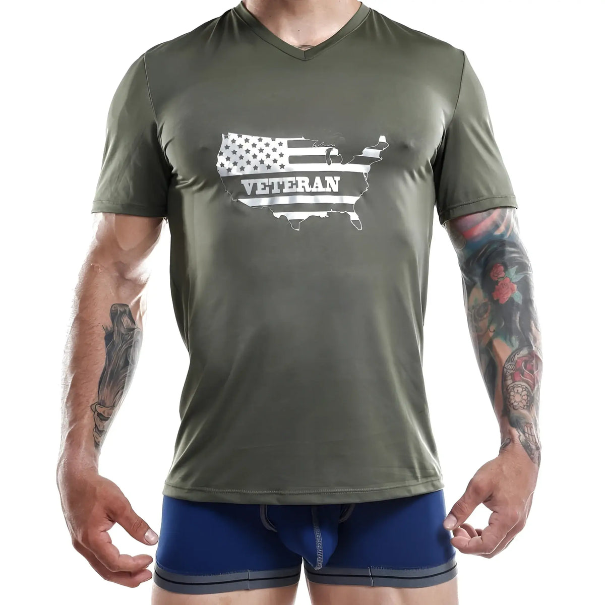 Olive green v-neck jocko jkn003 t-shirt with white american flag us map design and veteran text on front