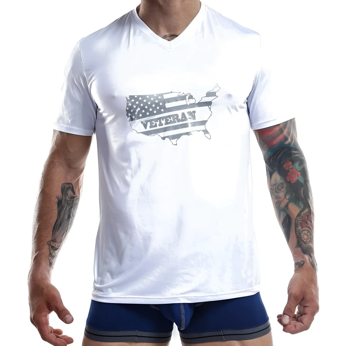 White v-neck t-shirt by jocko with gray american flag map and veteran print on front for casual wear