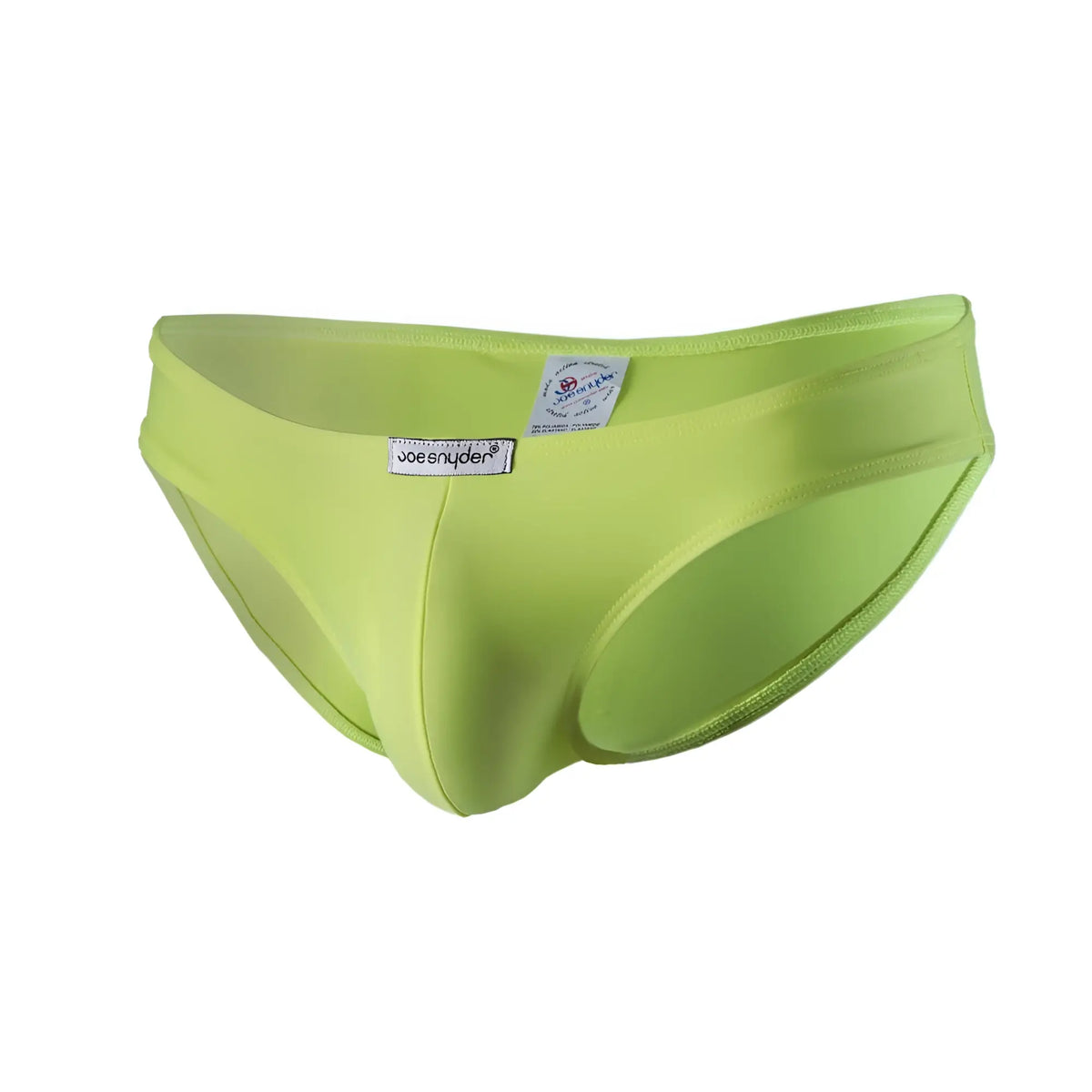 Bright lime green Joe Snyder menâ€™s bikini briefs with smooth form-fitting fabric and a branded waistband label.