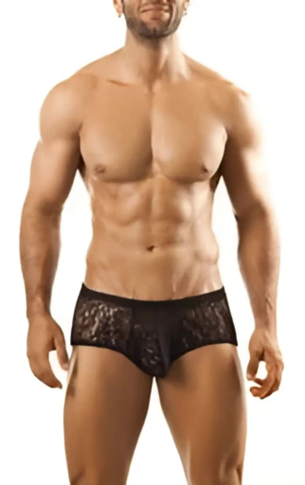 Black lace Joe Snyder Bulge Boxer menâ€™s briefs featuring sheer lace fabric and a supportive pouch design