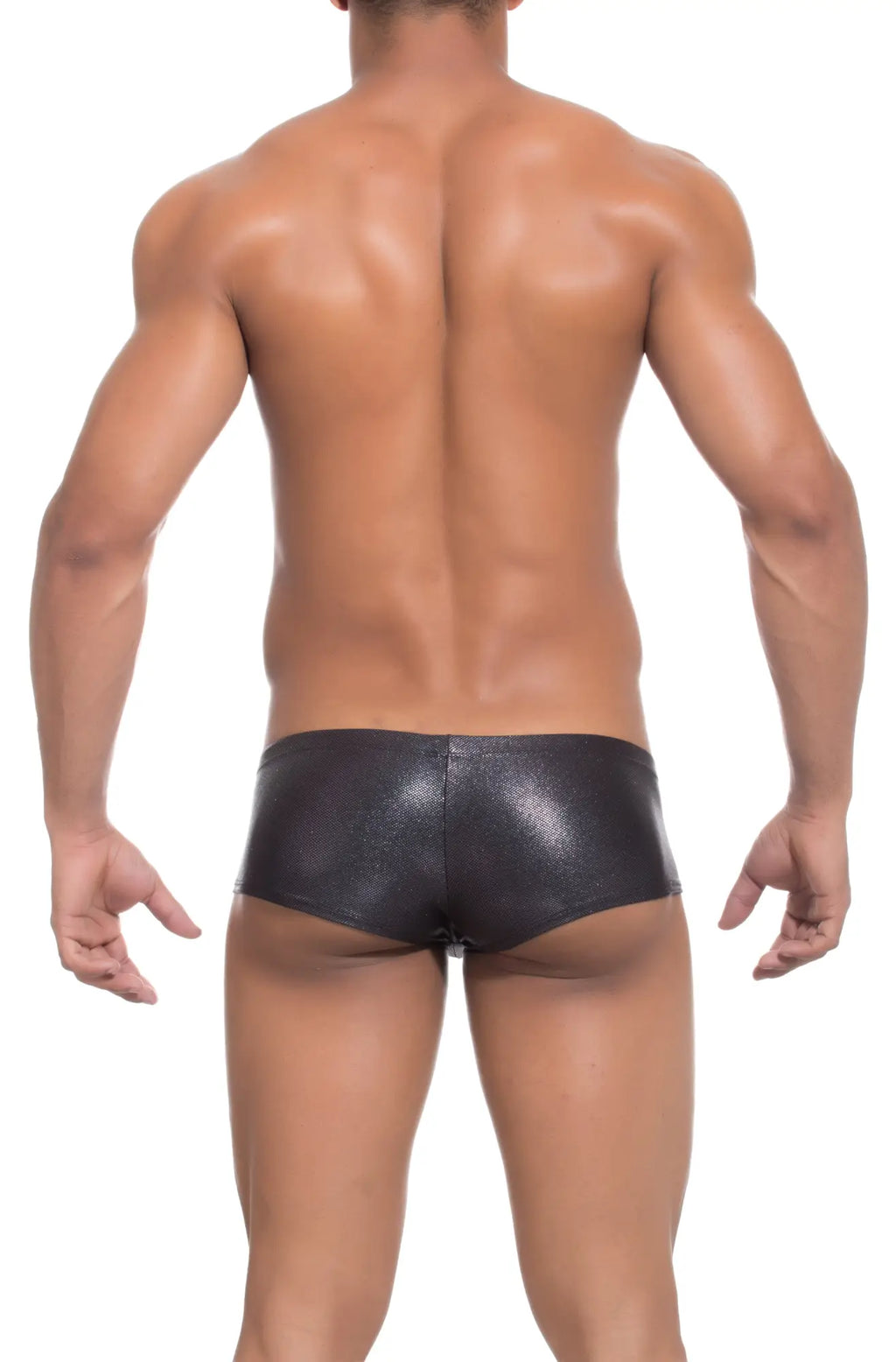Black shiny faux leather joe snyder bulge boxer briefs with sleek form fitting design