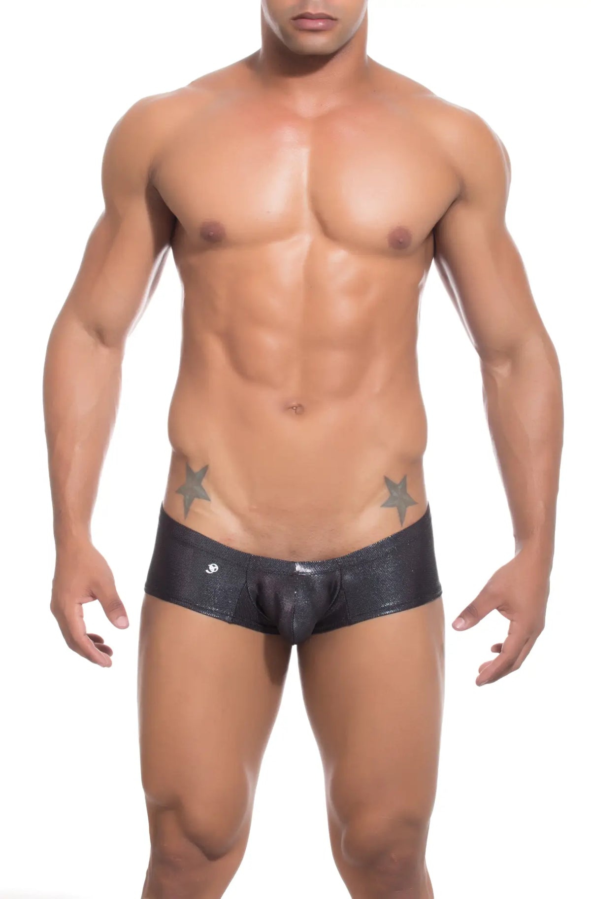 Black shiny faux leather joe snyder bulge boxer briefs with subtle texture and small silver logo on left hip