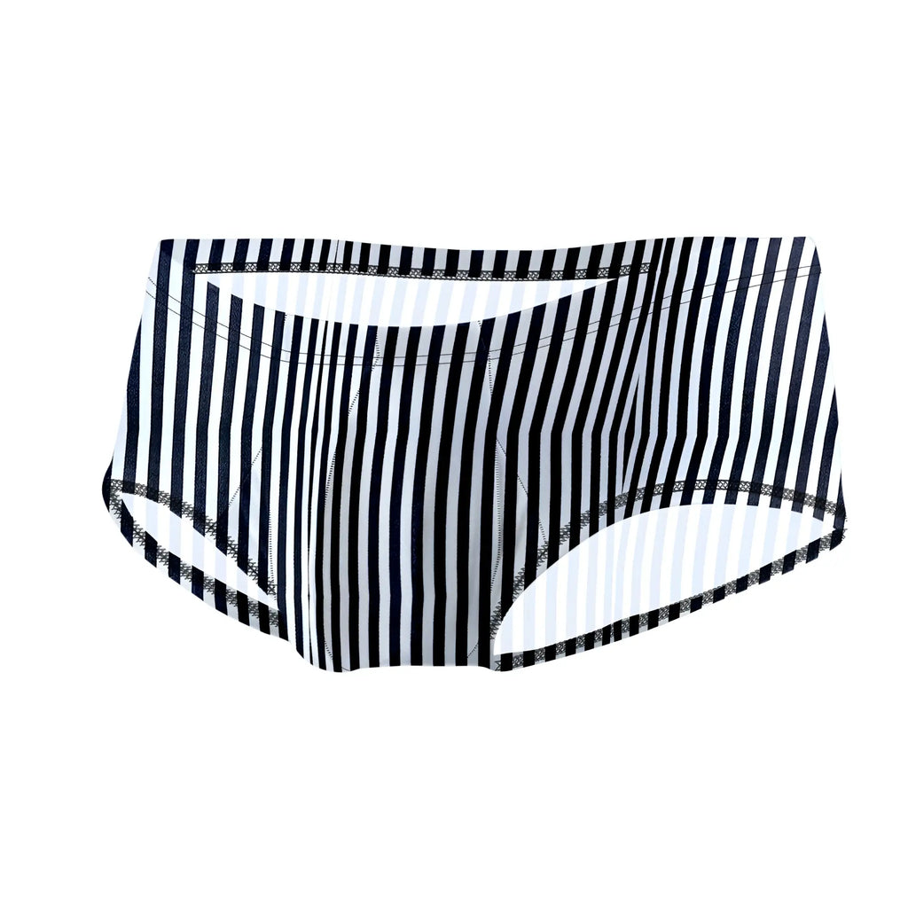 Joe Snyder bulge boxer black and white vertically striped menâ€™s briefs with subtle textured trim along edges
