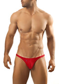 Joe snyder capri red thong with small blue logo on front made from comfortable stretch material
