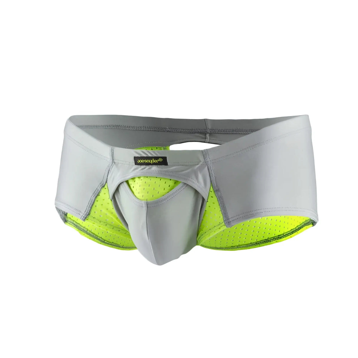 Gray and neon yellow mesh athletic briefs with supportive contoured design from joe snyder cheek sexiest collection