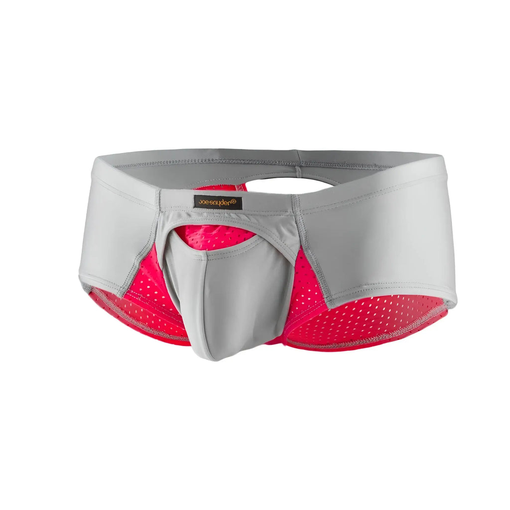 Gray and pink perforated mesh briefs with central pouch and joes underwear label from joe snyder cheek sexiest collection