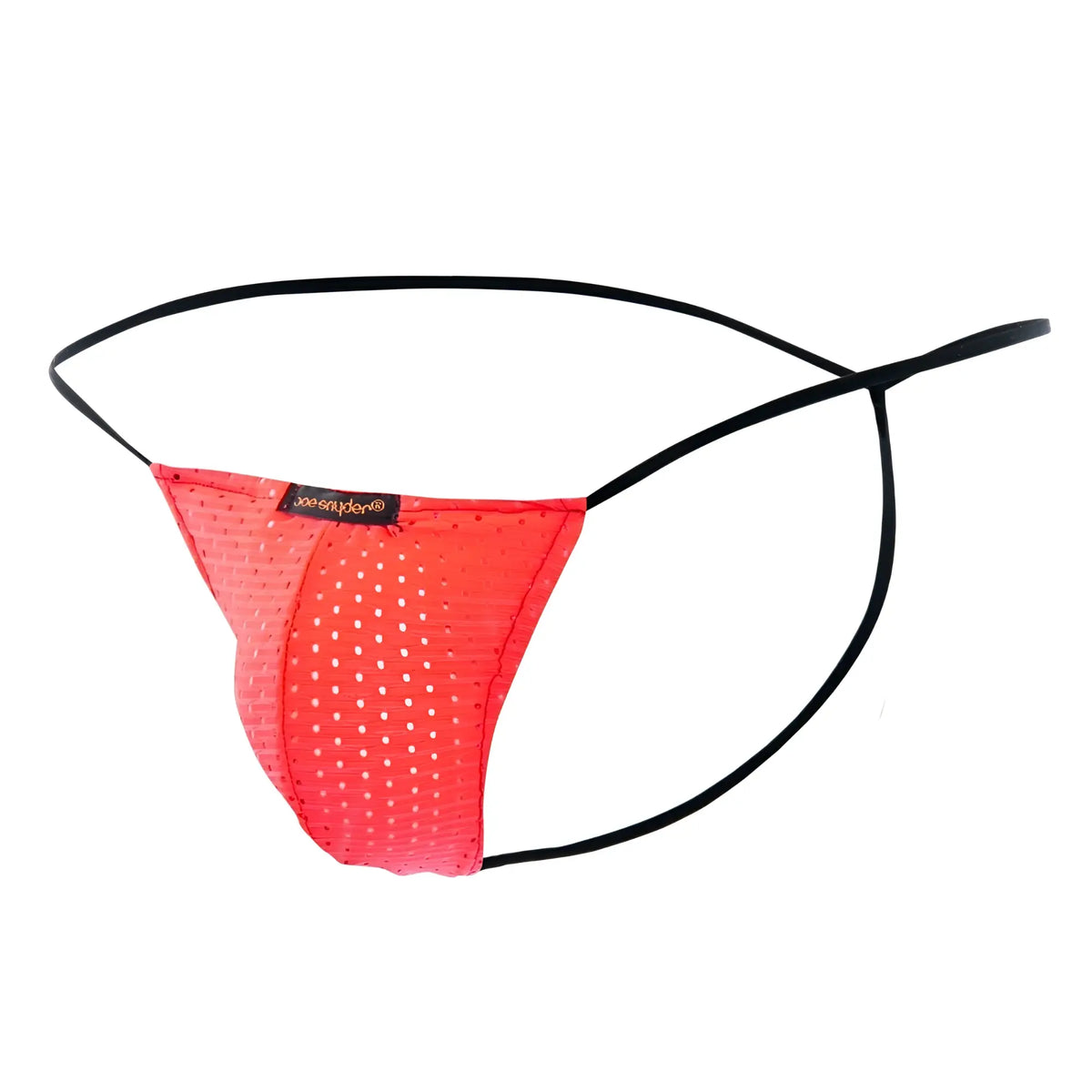 Bright red perforated mesh thong with black elastic straps from joe snyder g-string holes collection